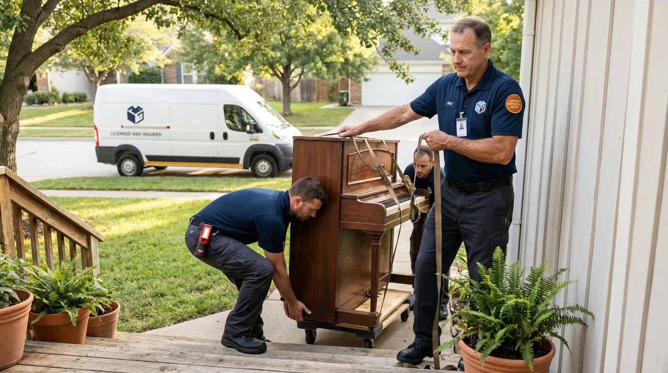 Licensed piano movers securing grand piano in Elizabethtown, NY