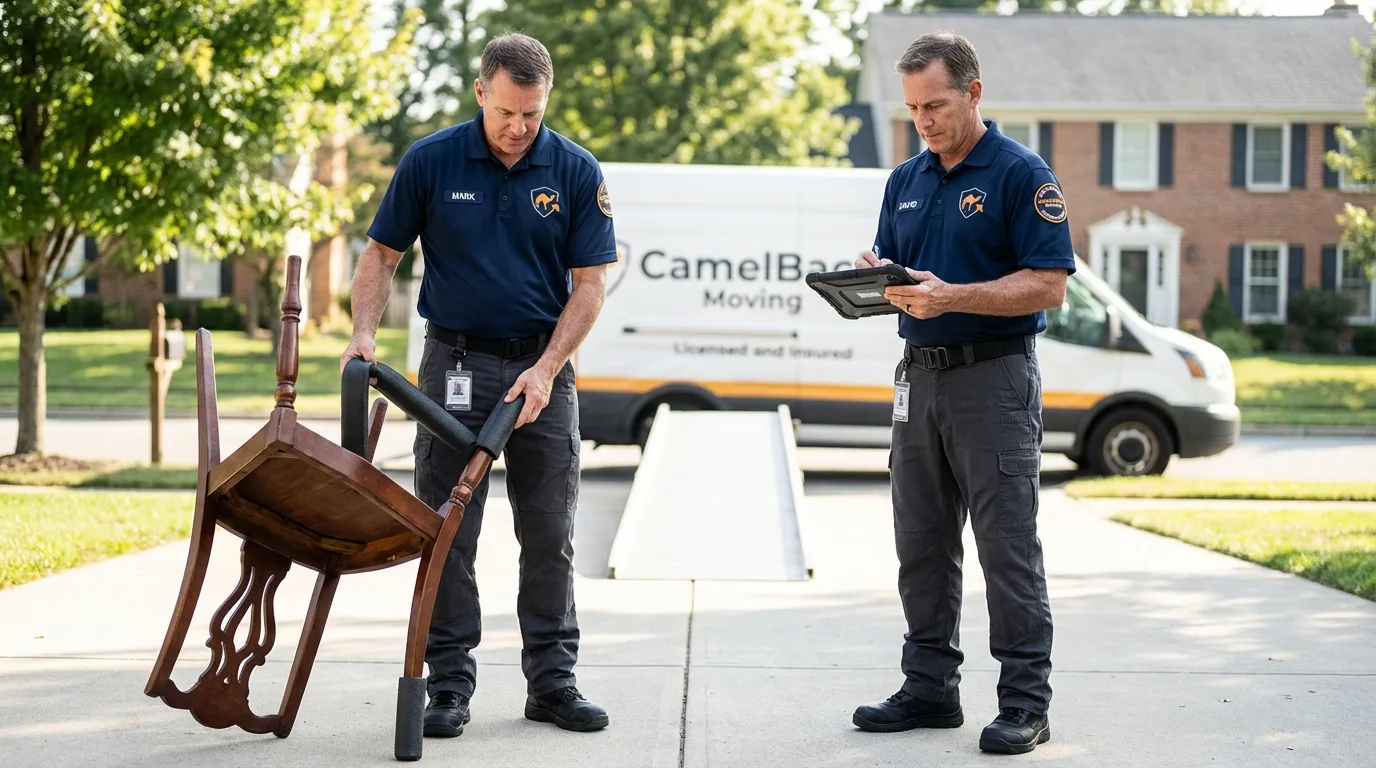 Movers inspecting furniture for damage prevention before loading in Elizabethtown, NY