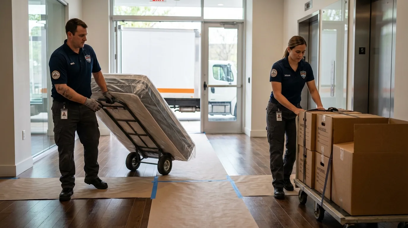 Professional apartment movers loading elevator in Elizabethtown, NY