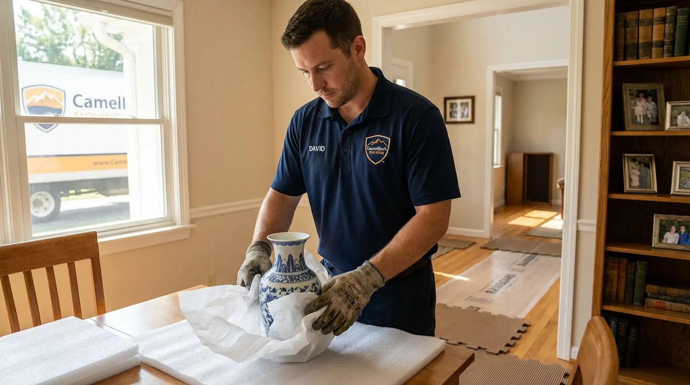 Professional crew carefully wrapping antique vase for senior downsizing move in Elizabethtown, NY